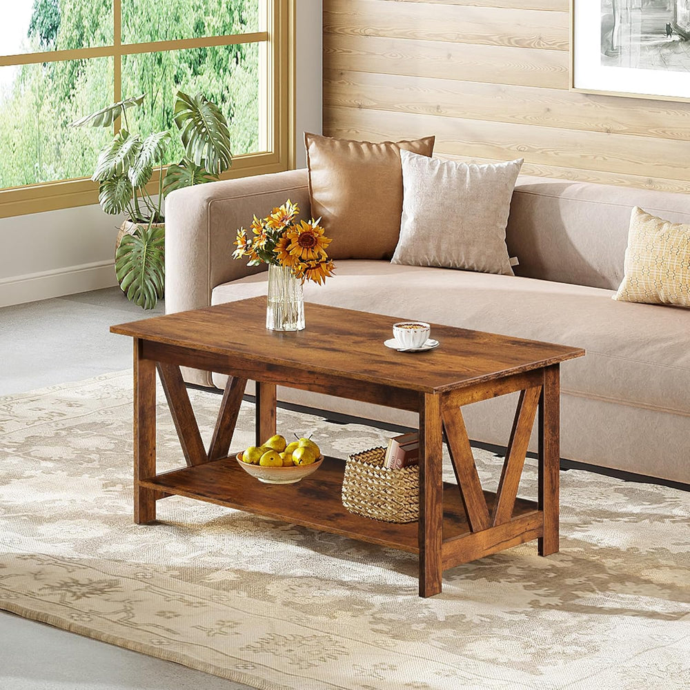 WLIVE 39.4" Farmhouse Coffee Table, Wood Center Table Storage Dark Brown