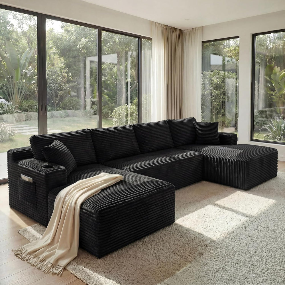 133" U-Shaped Modular Sectional Sofa, Corduroy Couch, Black | Cloud Luxu...