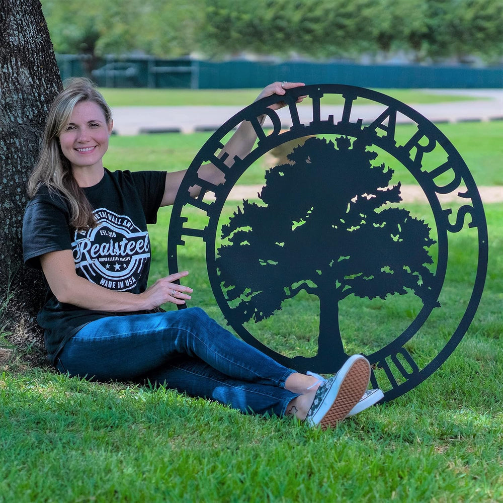 RealSteel Family Name Sign, Custom Metal Signs for Outside, Oak Tree