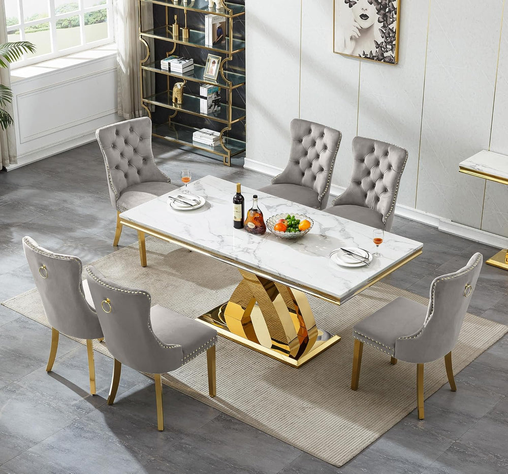 Modern Marble Dining Table for 6-8, 68" Faux Marble Kitchen Table with G...