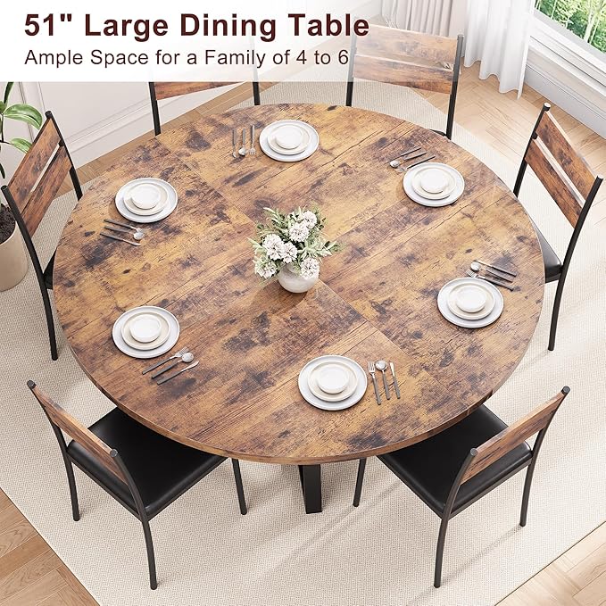 51'' Round Dining Table for 6,Kitchen Dining Room Circle Dinner Pedes...