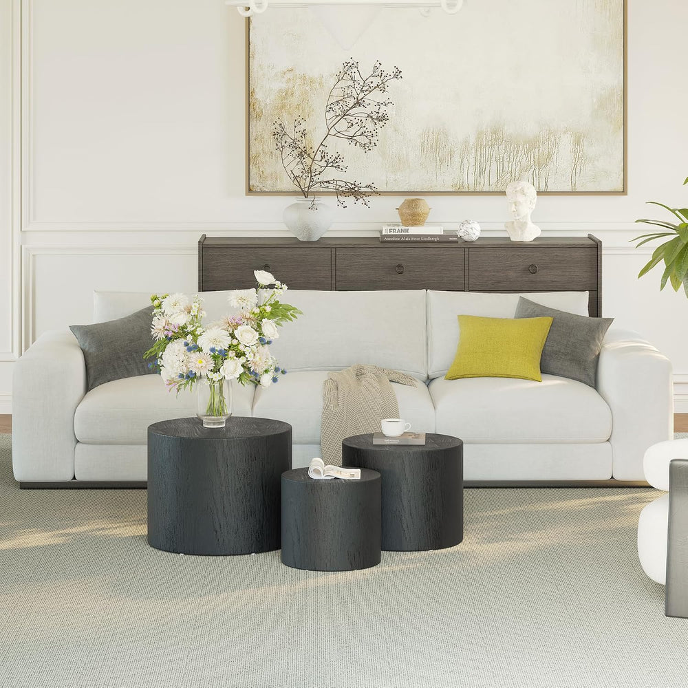 Vikiullf Nesting Coffee Table Set of 3, Round Wooden Coffee Tables, Modern Ci...
