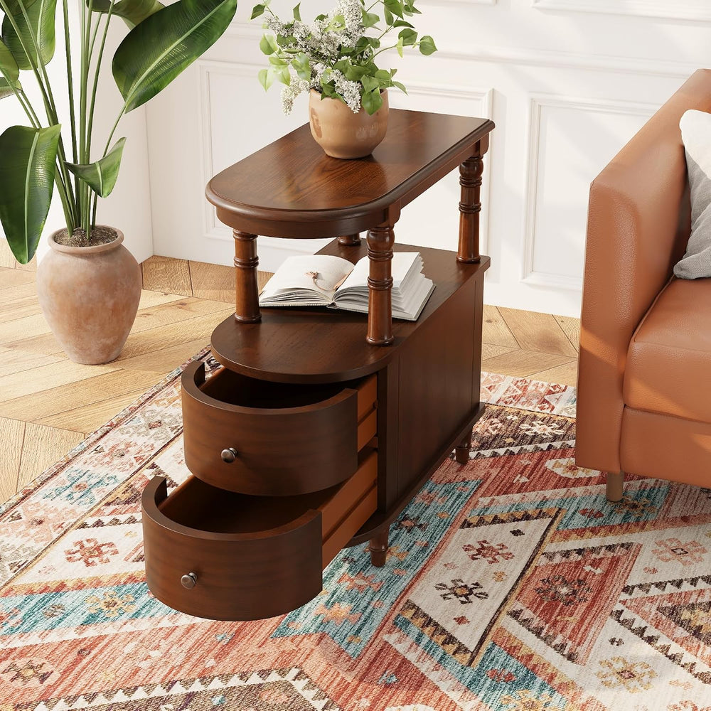 Narrow End Table Set of 2 with 2 Storage Drawers, Vintage Sofa Beside Table, ...