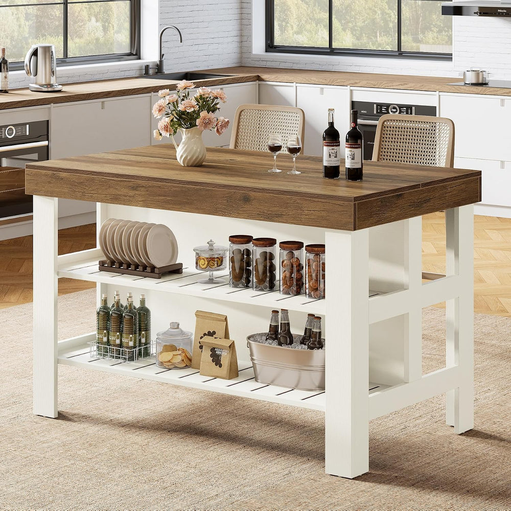 Tribesigns Kitchen Island with Storage Shelves, Farmhouse Wooden Stationary I...