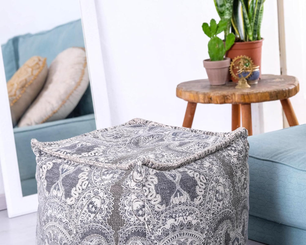 Mandala Life Art Pouf Ottoman - 20x20x20" - Foot Rest Stool - Gray Cube