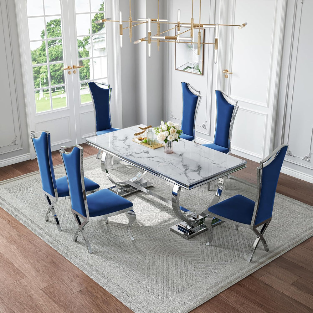 70 in Faux Marble Dining Table Set for 6, Large Kitchen Table and Blue Velvet...