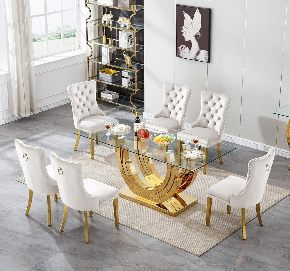 SSLine 7-Piece Gold Glass Dining Table Set for 6, Modern Luxury 70" Glas...