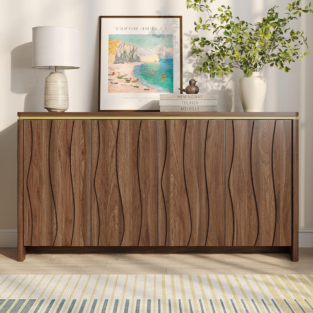 Vabches Fluted Buffet Cabinet with Storage, 3D Ripple Pattern Doors and Curve...