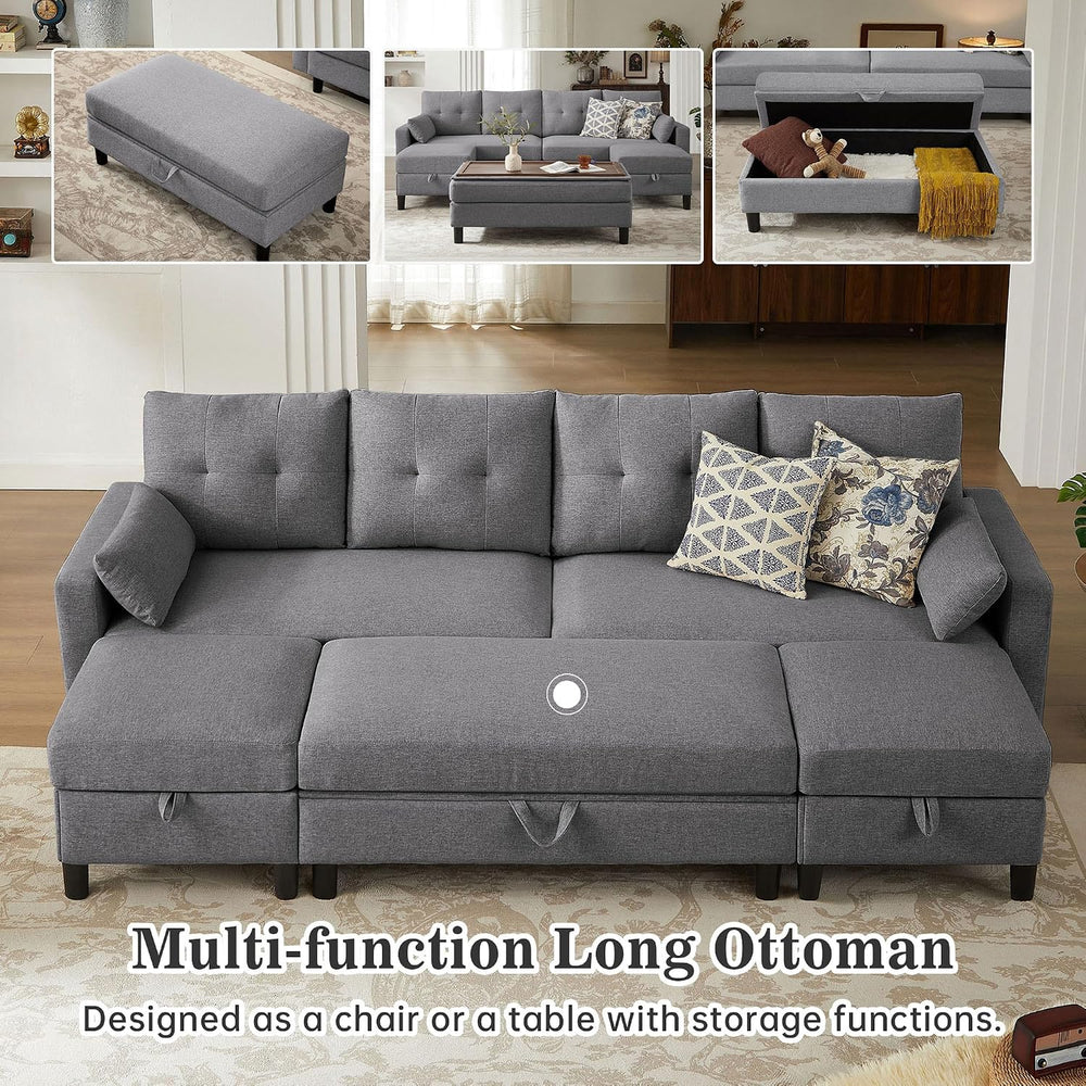 101" Convertible Sectional Sofa with Ottoman Coffee Table, Modern Linen ...