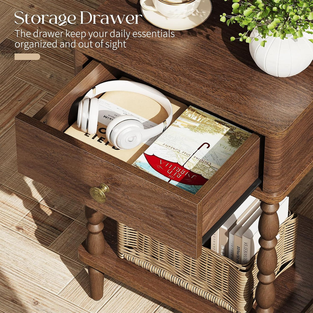 Yoobure Small Side Table with Drawer - Walnut Night Stand with Wood Legs