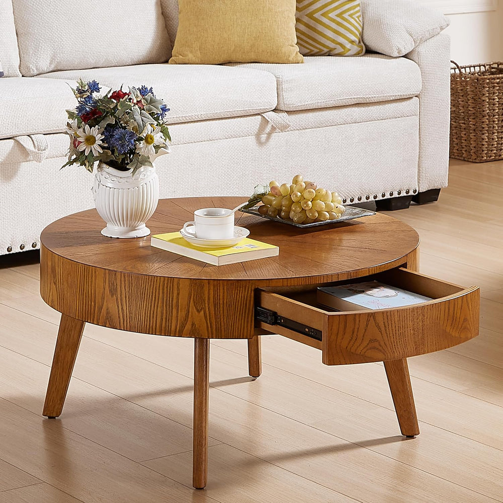 Round Wood Coffee Table for Living Room, Modern Farmhouse Table with Drawer, ...