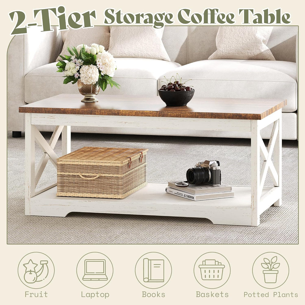 AMERLIFE 4 Piece Farmhouse Table Set with 66" TV Stand, Distressed White...