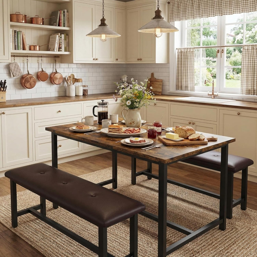 GarveeHome Dining Table Set for 4, Kitchen Table with 2 Upholstered Benches, ...