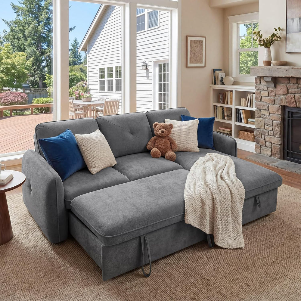Sectional Sleeper Sofa, Pull-Out Bed, Storage Chaise, Chenille Gray