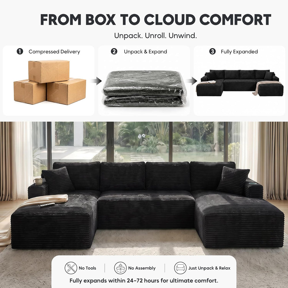 133" U-Shaped Modular Sectional Sofa, Corduroy Couch, Black | Cloud Luxu...