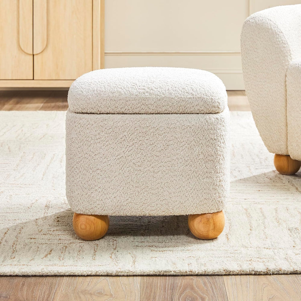 Walker Edison Linley Contemporary Small Storage Bouclé Ottoman with Wood Legs...