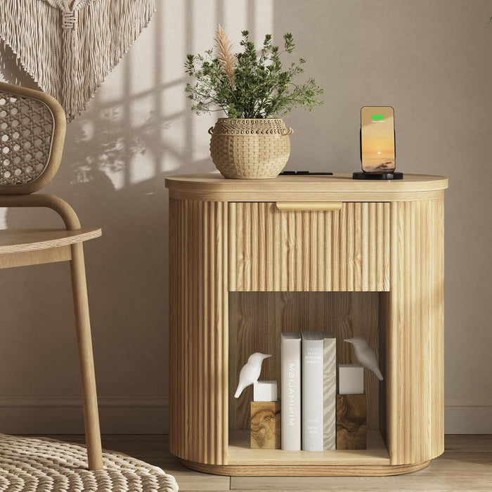 Fluted Nightstand with Charging Station 23.6" Large Round Bedside Table Oak
