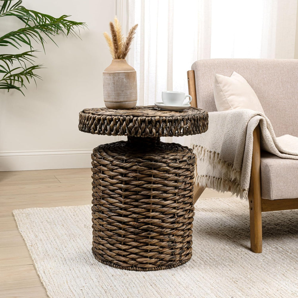 JONATHAN Y Marisol Round Brown Woven Water Hyacinth Side Table with Iron Fram...