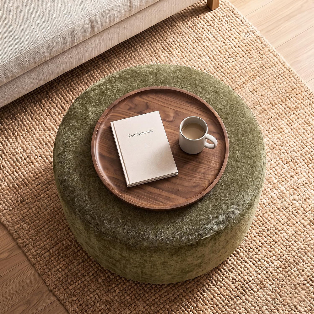 Upholstered Round Green Pouf Ottoman, Modern Footstool | Chenille Footrest wi...