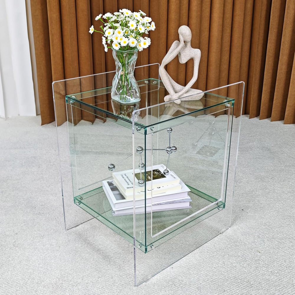 Acrylic End Table Light-Green: 2 Tier Clear Accent Desk Small Nightstand Set