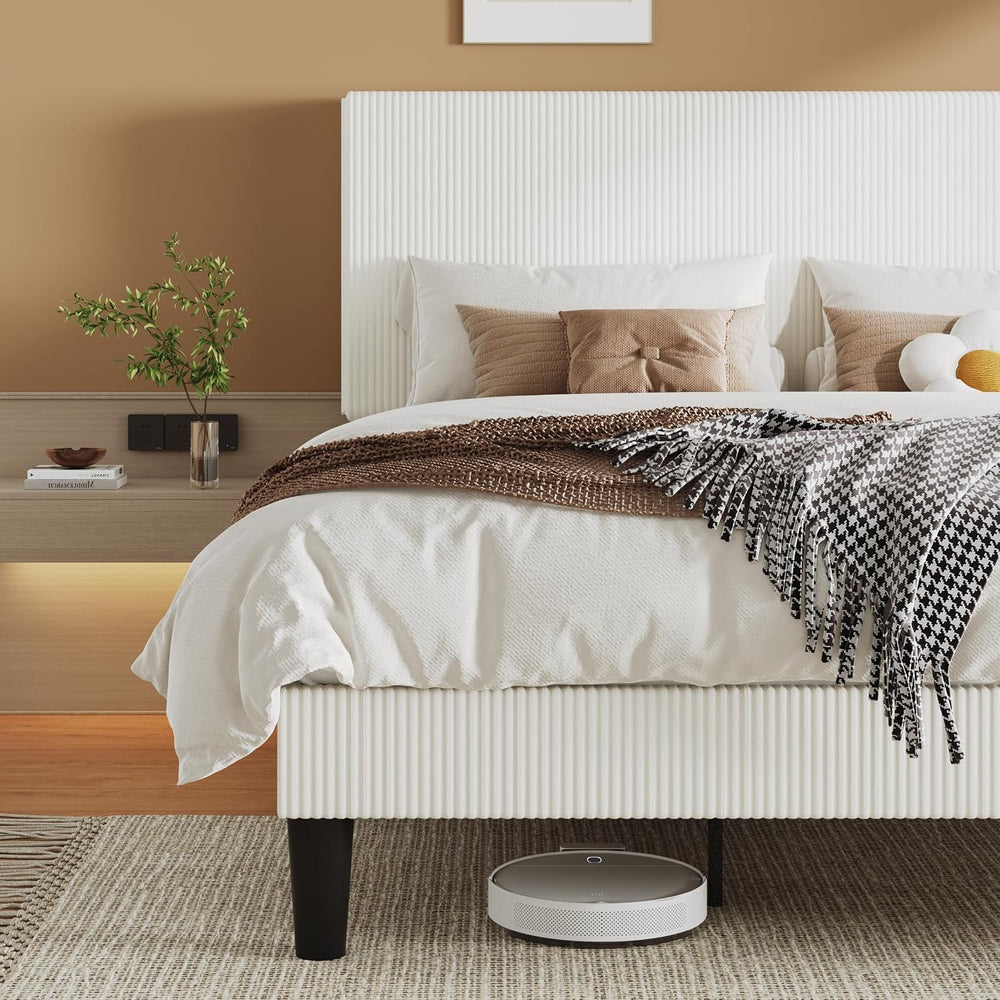 Allewie King Bed Frame, Corduroy Tufted Headboard, White