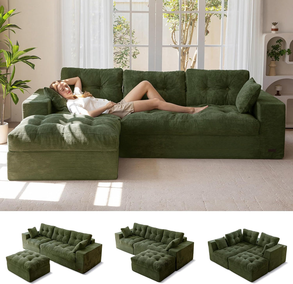MAXYOYO Couch, 104-Inch L-Shaped Cloud Couch with Ottoman | Dark Green Uphols...