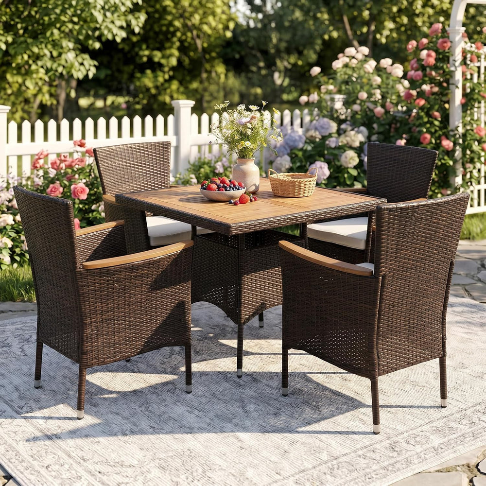 Wisteria Lane Rattan Patio Table and Chairs Set with Acacia Tabletop, Brown