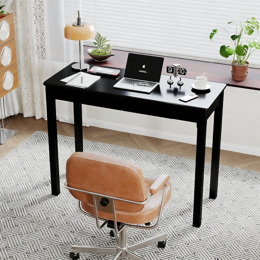 Solid Wooden Desk with Drawers - 39 x 16 Inch Modern Narrow Desks, Rubberwood...