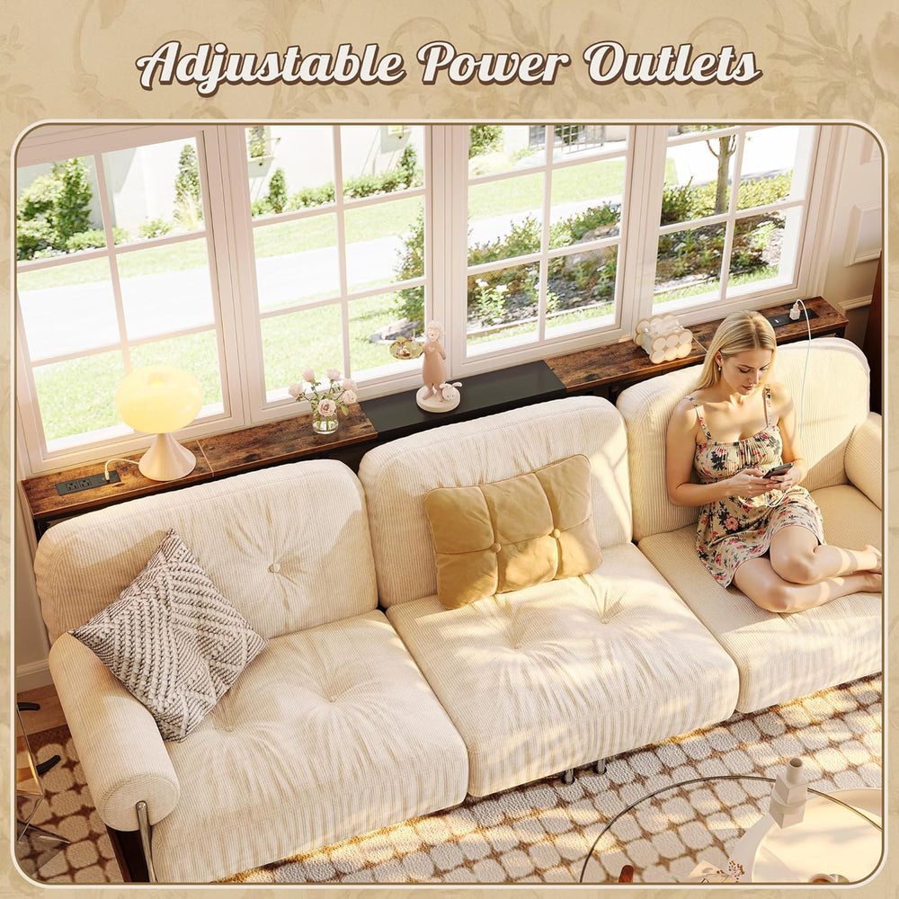 Huuger Narrow Sofa Table with 2 Power Outlets, 86.6-110.2 Inch Adjustable Len...