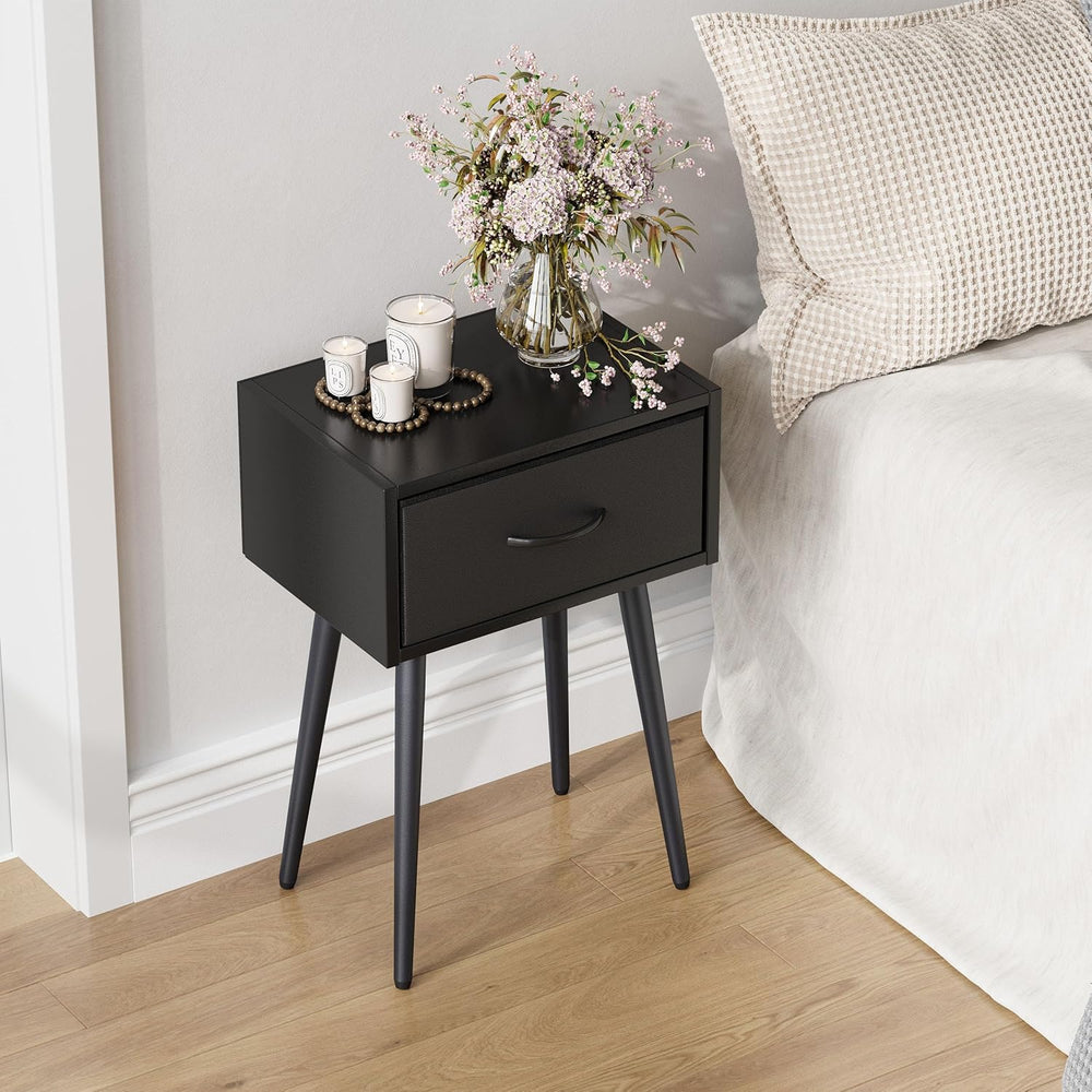 Small Black Nightstands Set of 2, Bedside Table with Fabric Drawer, Modern En...