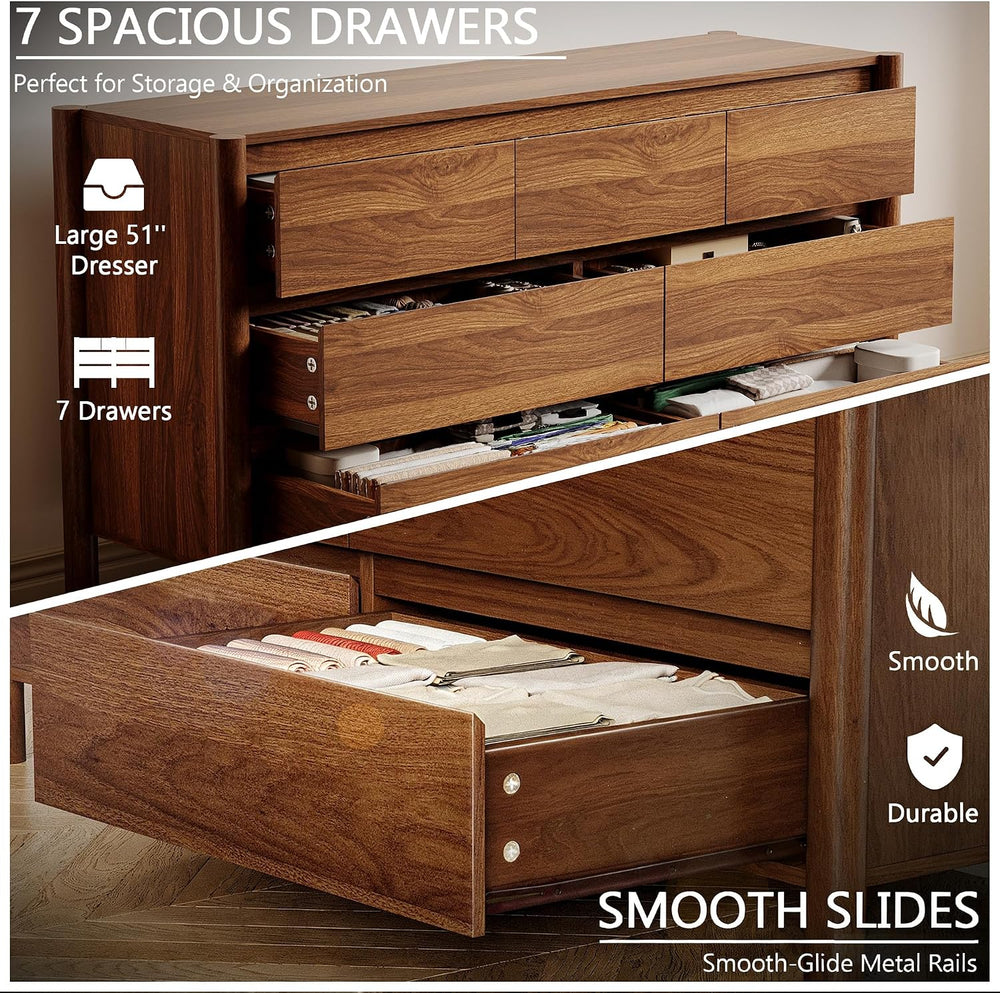Walnut Dresser for Bedroom,51"Wide 7 Drawer Mid Century Modern Chest
