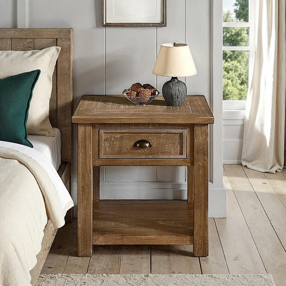 Monterey Farmhouse Rustic End Table, Solid Pine Wood Coastal Side Table with ...