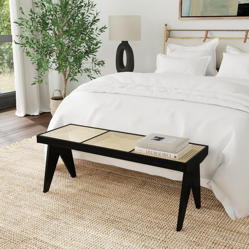 East at Main Black Wood Cane Bench for Entryway, Bedroom, or Living Room – Wo...