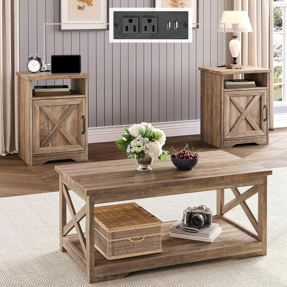 LUXOAK 3 Piece Living Room Table Set with Barn Door, Barnwood | Includes Coff...
