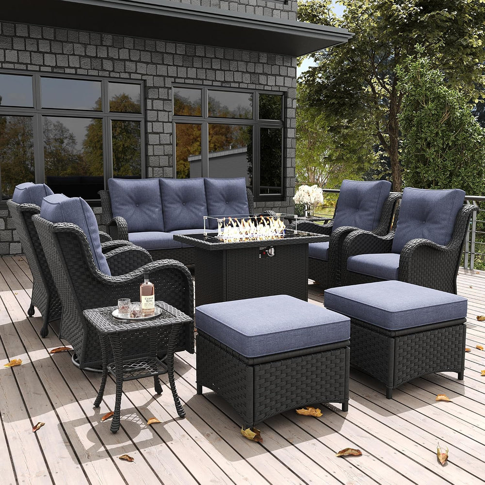 LayinSun 10 Pieces Outdoor Patio Furniture Set with Fire Pit Table, Rattan Wi...