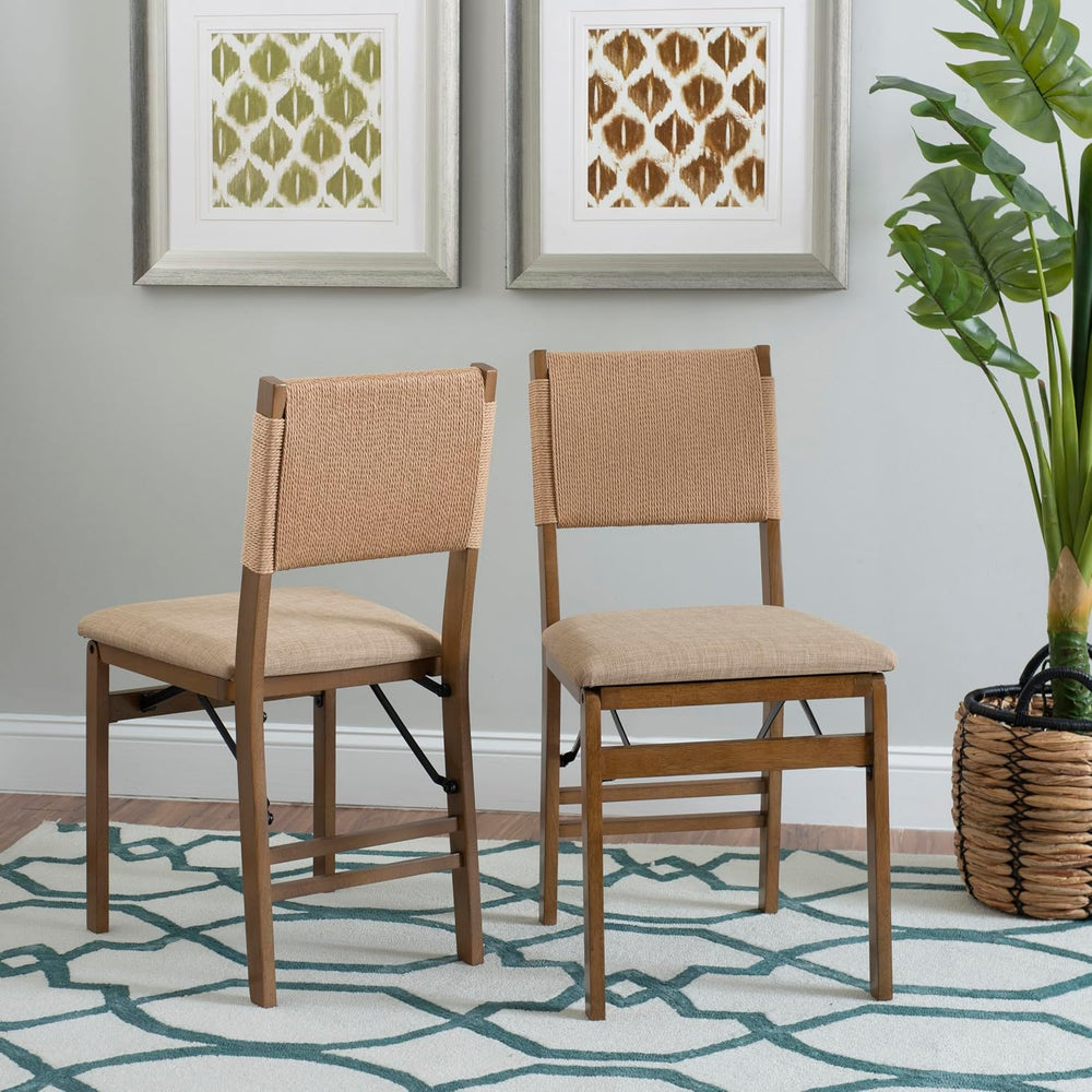 Bennett Natural Folding Chair with Rope Back and Linen Upholstered Seat Set o...