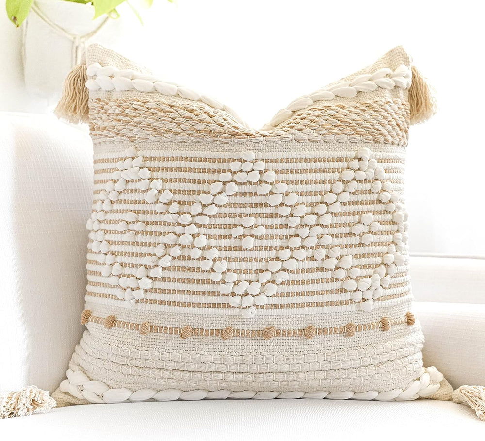 BlissBlush Cream White Boho Throw Pillow Cover 20X20, Boho Woven Textured Pil...