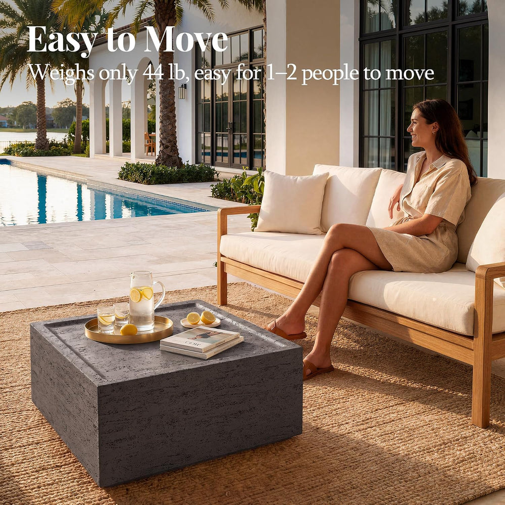 28" Square Outdoor Coffee Table, Travertine Look, Dark Gray