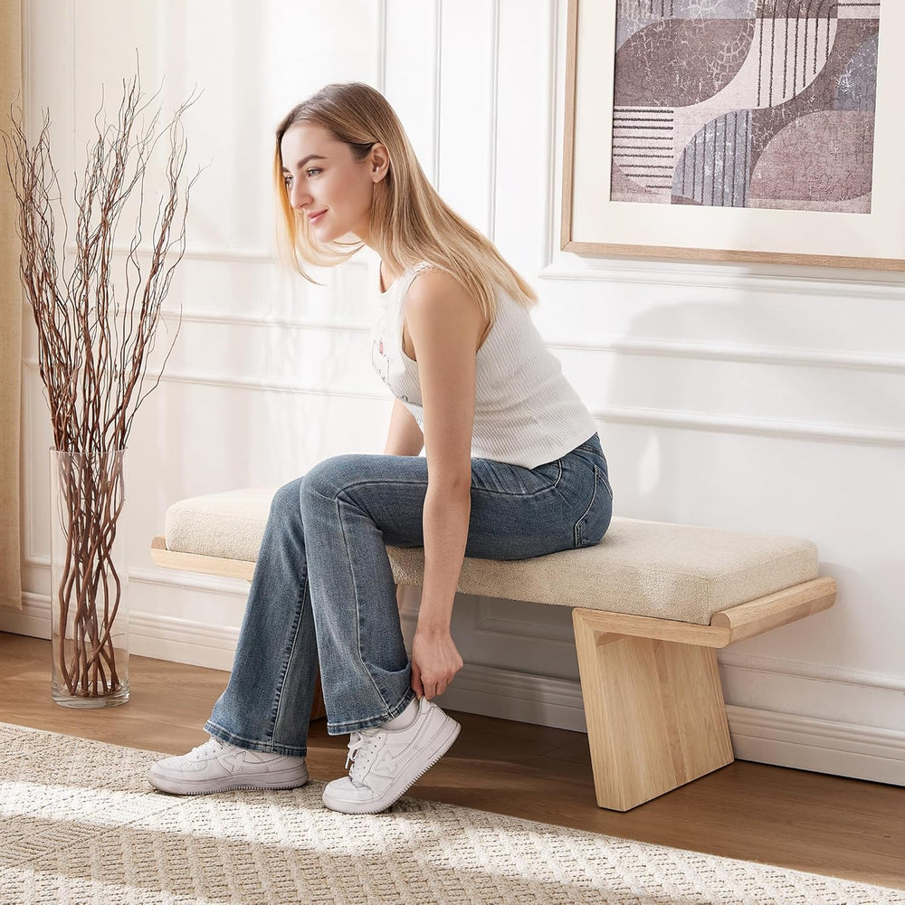 47.2" Natural Wood Bedroom Bench, Upholstered Entryway Bench, Modern End...