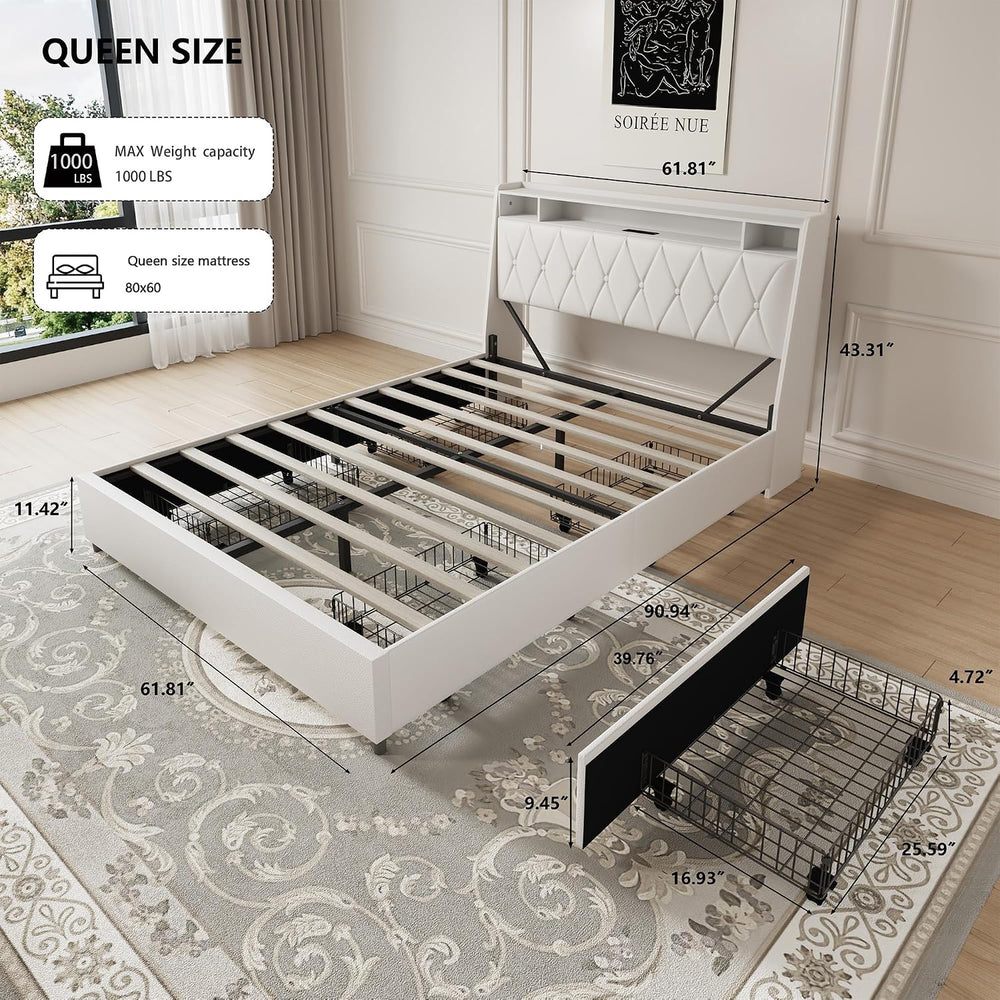 Peanu Queen Bed Frame, Ergonomic Headboard, White Metal Frame