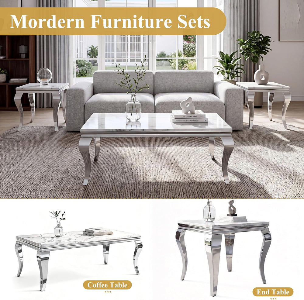 3-Piece Faux Marble Coffee Table Set with Silver Stainless Steel Legs | Moder...
