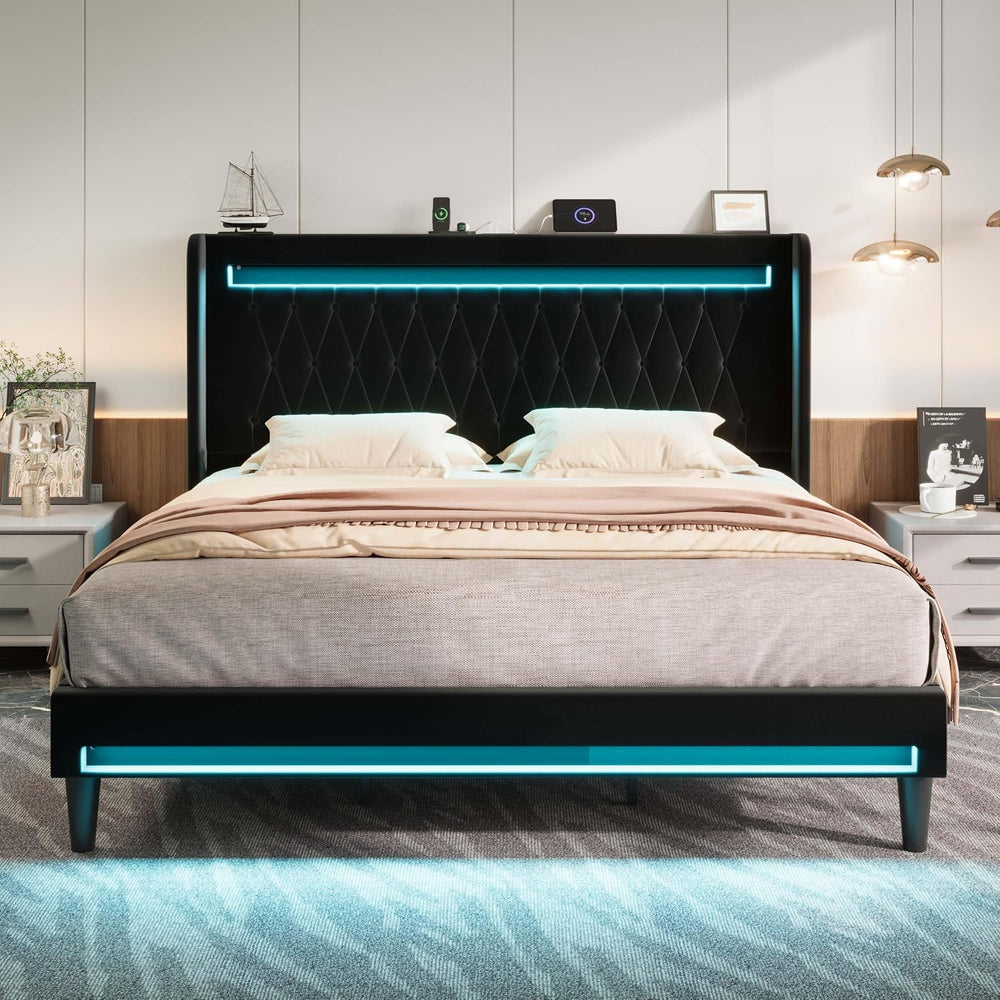 Allewie King Size Upholstered Bed Frame with LED & Charging Station, Black