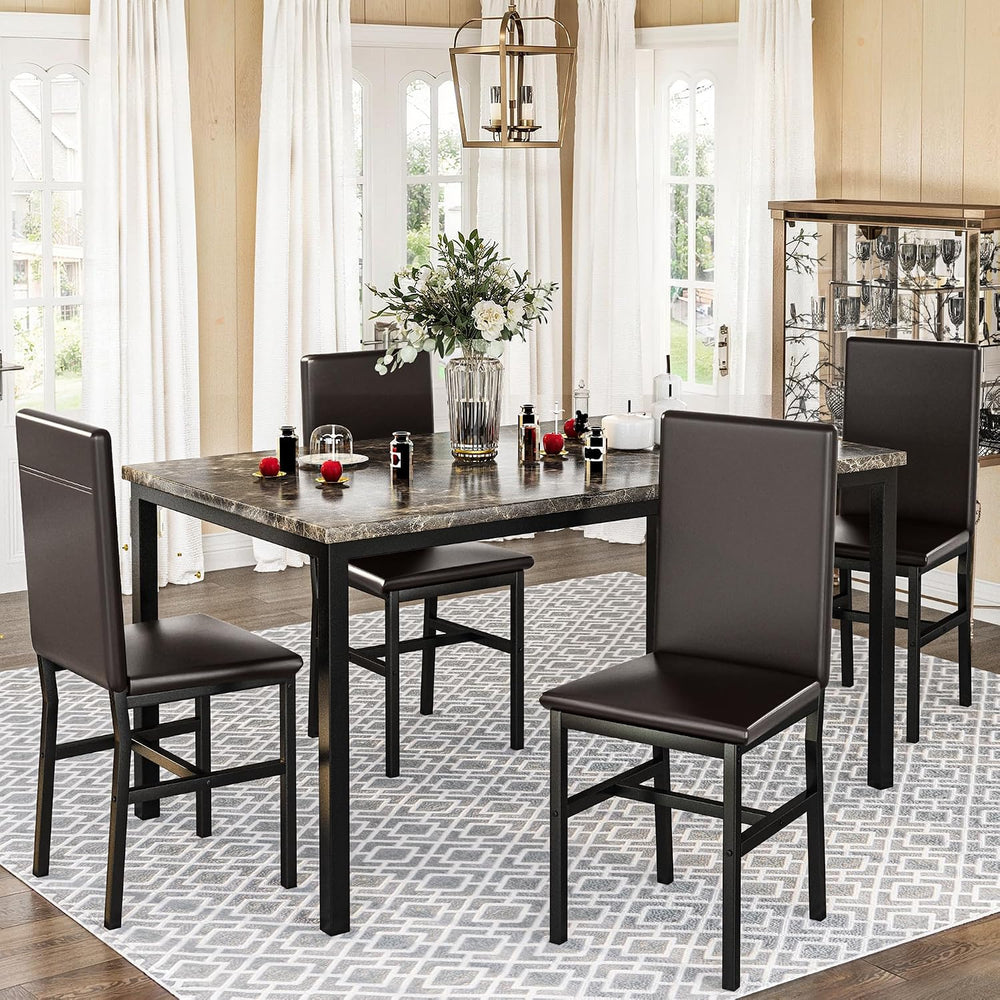 Lamerge Dining Table Set for 4, Faux Marble Table and 4 PU Leather Chairs, Ki...