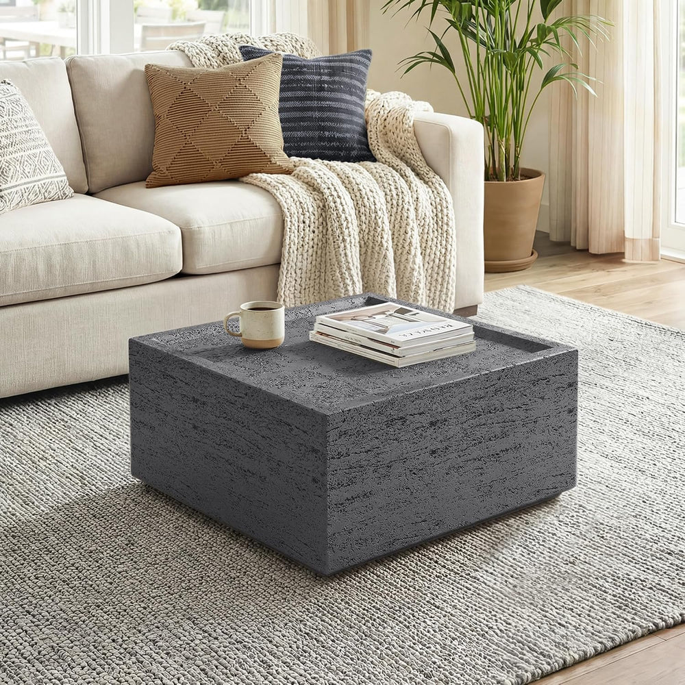 28" Square Outdoor Coffee Table, Travertine Look, Dark Gray