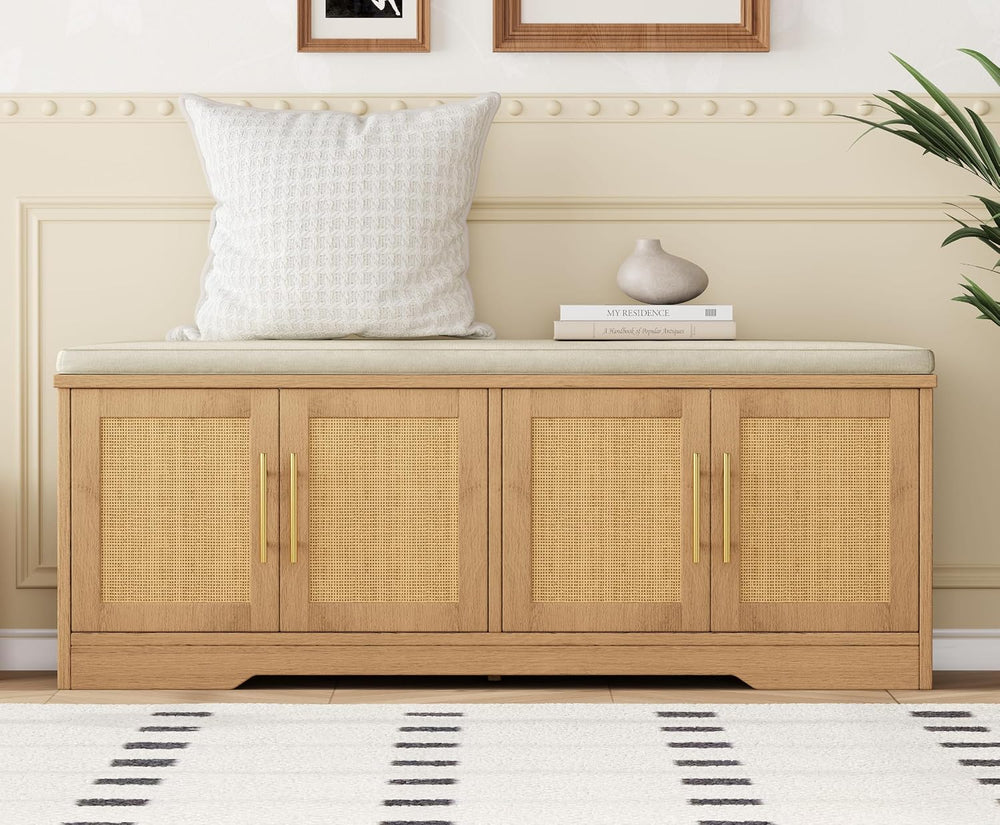 Rattan Shoe Storage Bench, 47.2" Wide Entryway Bench, Natural Oak | 2 Ti...