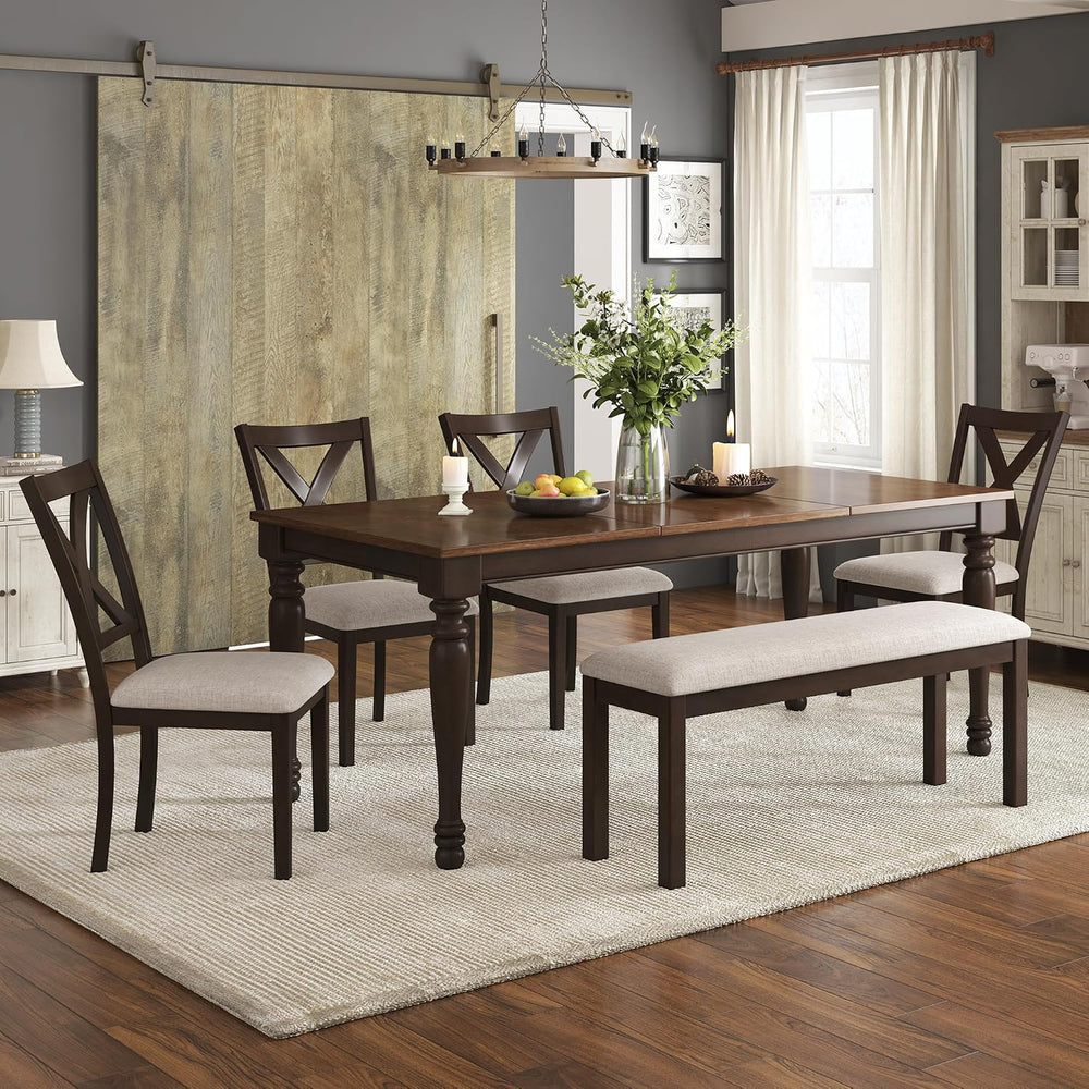 AMERLIFE 6 Piece Farmhouse Dining Set with 71" Solid Wood Table, Brown