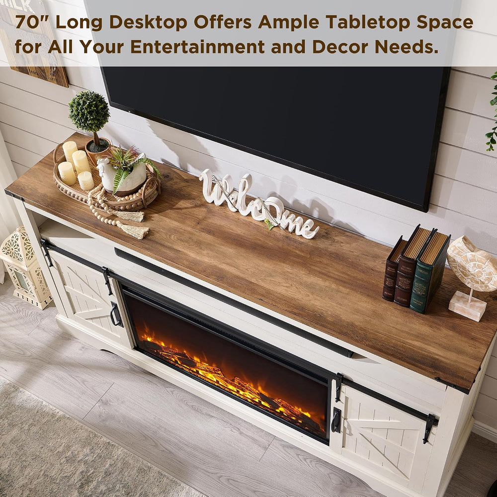 OKD 70" Farmhouse Fireplace TV Stand, Antique White | For up to 80"...