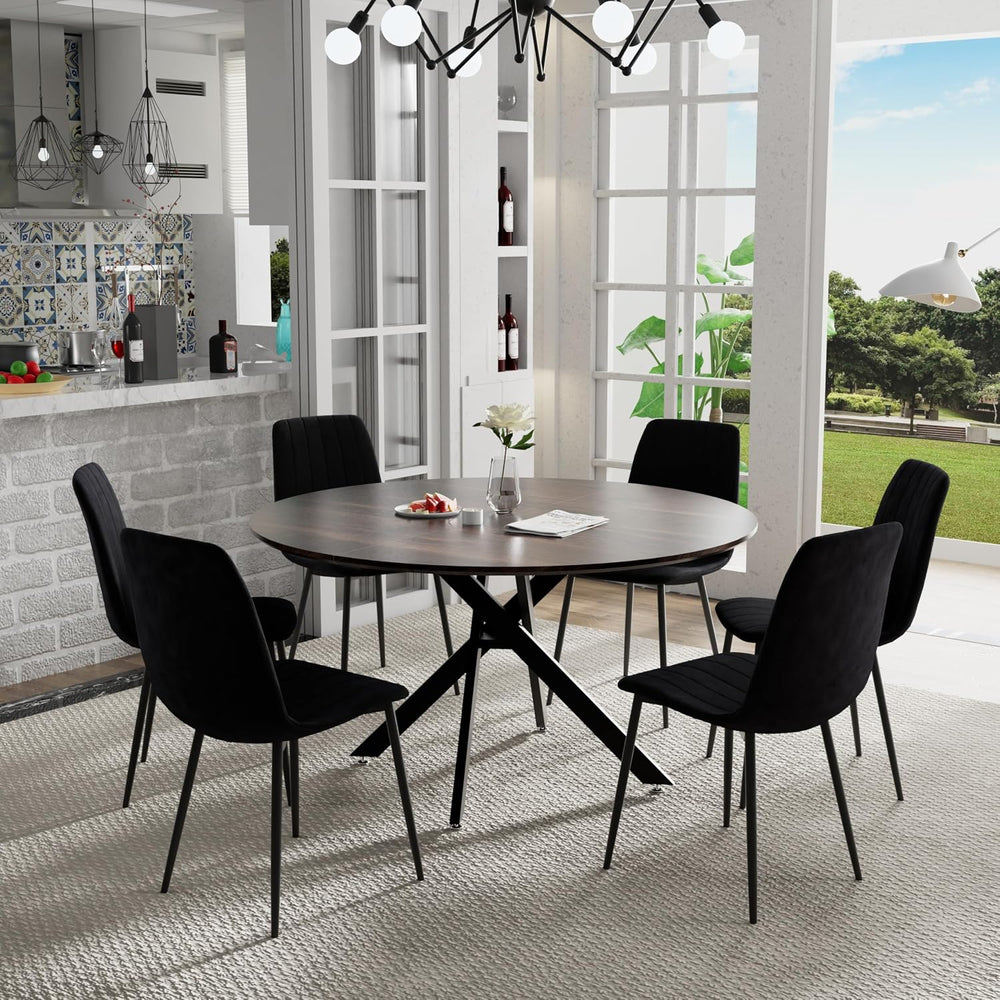 5 Piece Circle Dining Table Set for 6, 47 Inch Wood Dining Table & Black ...