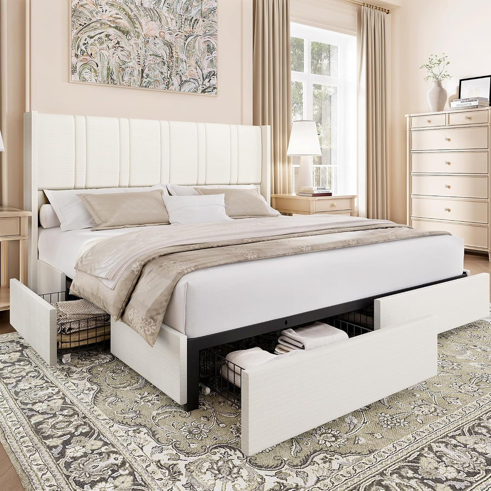 BRELTAM Queen Size Wingback Platform Bed Frame, White