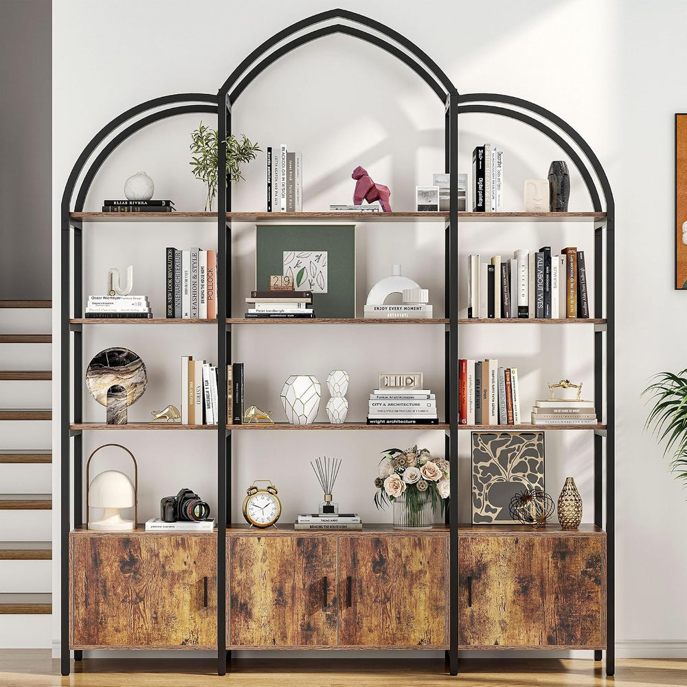 Arched Bookshelf and Bookcase with 3 Cabinets, Triple Wide 5 Tier Standing Bo...